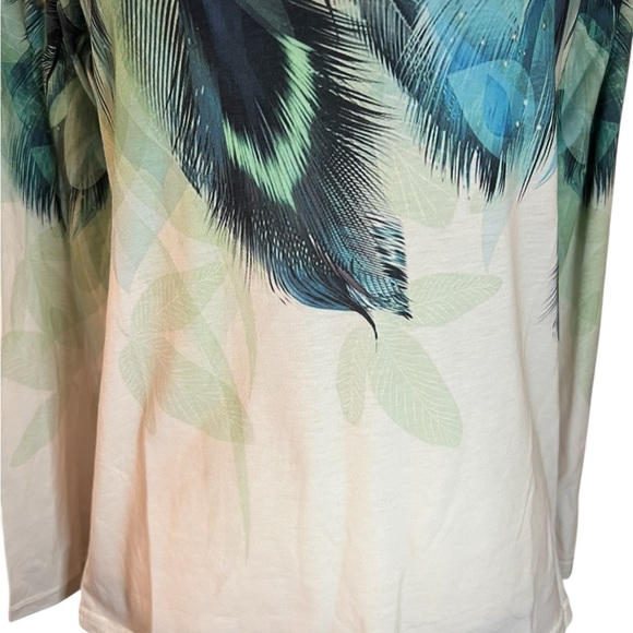 Women's Multicolor Peacock Feather Print Long Sleeve Top Sz S - Picture 3 of 5